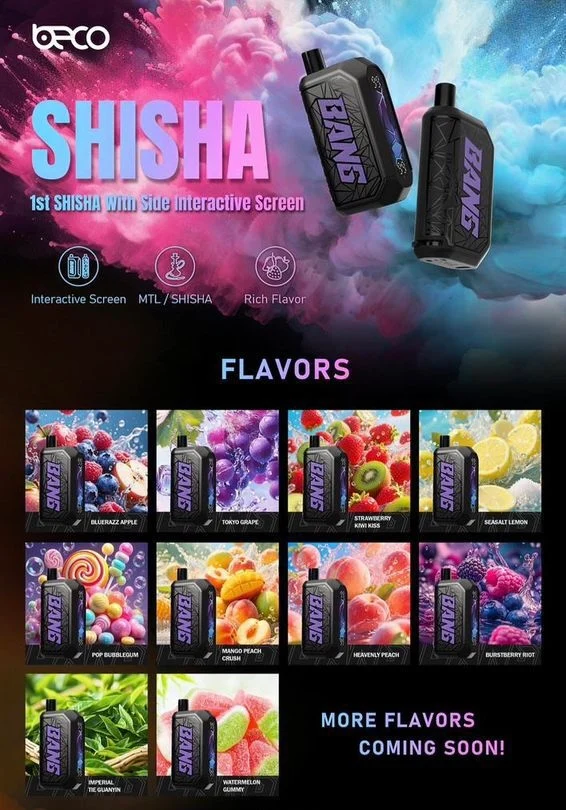 BECO_BANG_SHISHA_20K Full 20-flavor menu of Beco Bang Shisha 20000 Puffs including Double Mango, Lychee Longan, and Coffee Hazelnut available in Singapore