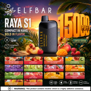 Home Image showing the diverse flavor selection for the ELFBAR RAYA S1 15000 Puffs rechargeable disposable vape in Singapore. Popular options include Grape Ice, Kiwi Mango Watermelon, Mango Strawberry Ice Cream, Peach Lychee Blackcurrant, and Strawberry Guava. Authentic ELFBAR with fast delivery from an SG Vape Shop.