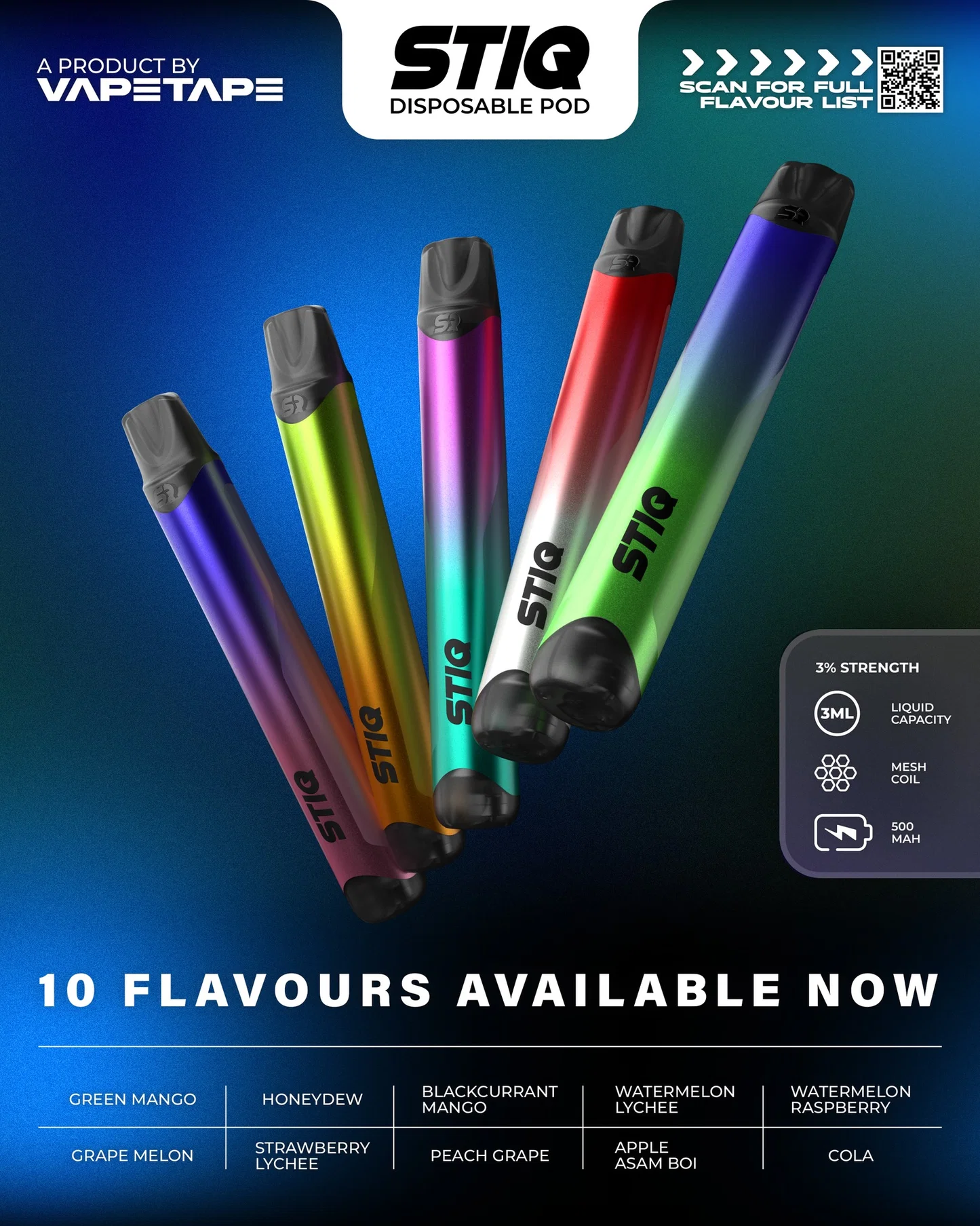 vapetape_stiq Vapetape STIQ 3000 Puffs Fruity Flavors Apple Asam Boi Cola Watermelon Singapore Ready Stock